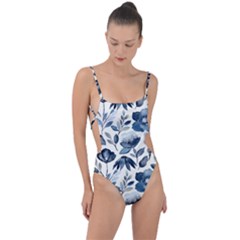 Indigo-watercolor-floral-seamless-pattern Tie Strap One Piece Swimsuit by Pakemis
