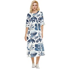 Indigo-watercolor-floral-seamless-pattern Double Cuff Midi Dress by Pakemis