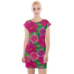 Background-cute-flowers-fuchsia-with-leaves Cap Sleeve Bodycon Dress by Pakemis