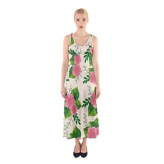 Cute-pink-flowers-with-leaves-pattern Sleeveless Maxi Dress