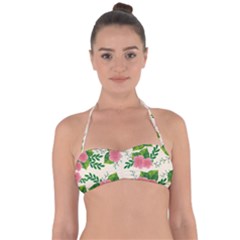 Cute-pink-flowers-with-leaves-pattern Halter Bandeau Bikini Top