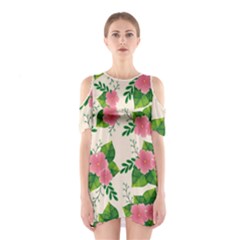 Cute-pink-flowers-with-leaves-pattern Shoulder Cutout One Piece Dress