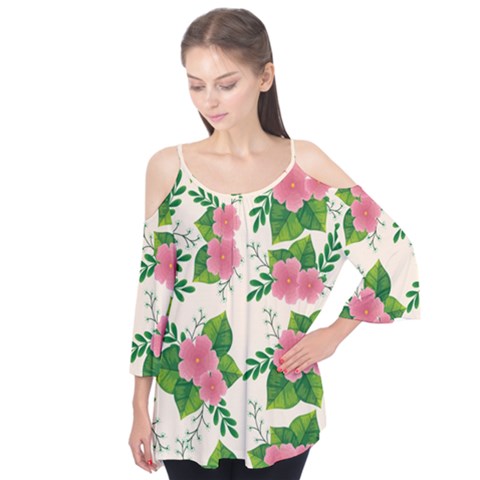 Cute-pink-flowers-with-leaves-pattern Flutter Tees by Pakemis