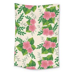 Cute-pink-flowers-with-leaves-pattern Large Tapestry by Pakemis
