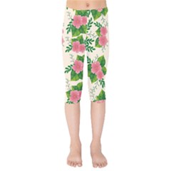 Cute-pink-flowers-with-leaves-pattern Kids  Capri Leggings 