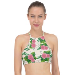 Cute-pink-flowers-with-leaves-pattern Racer Front Bikini Top