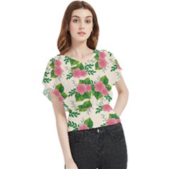 Cute-pink-flowers-with-leaves-pattern Butterfly Chiffon Blouse