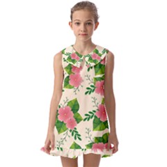 Cute-pink-flowers-with-leaves-pattern Kids  Pilgrim Collar Ruffle Hem Dress