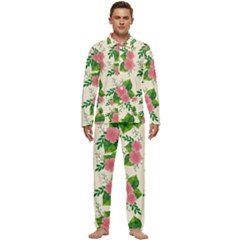 Cute-pink-flowers-with-leaves-pattern Men s Long Sleeve Velvet Pocket Pajamas Set