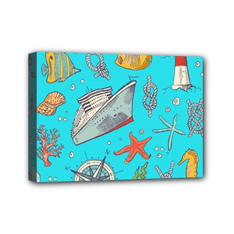 Colored-sketched-sea-elements-pattern-background-sea-life-animals-illustration Mini Canvas 7  X 5  (stretched)