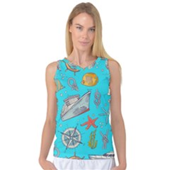 Colored-sketched-sea-elements-pattern-background-sea-life-animals-illustration Women s Basketball Tank Top by Pakemis