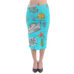 Colored-sketched-sea-elements-pattern-background-sea-life-animals-illustration Midi Pencil Skirt by Pakemis