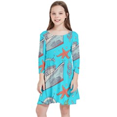 Colored-sketched-sea-elements-pattern-background-sea-life-animals-illustration Kids  Quarter Sleeve Skater Dress by Pakemis