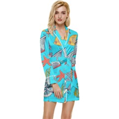 Colored-sketched-sea-elements-pattern-background-sea-life-animals-illustration Long Sleeve Satin Robe by Pakemis