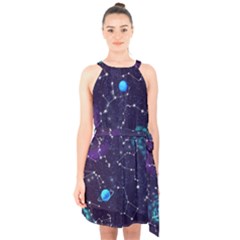 Realistic-night-sky-poster-with-constellations Halter Collar Waist Tie Chiffon Dress by Pakemis