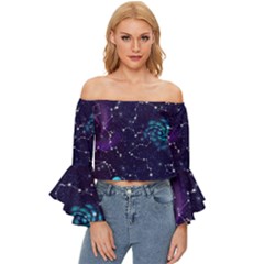 Realistic-night-sky-poster-with-constellations Off Shoulder Flutter Bell Sleeve Top by Pakemis