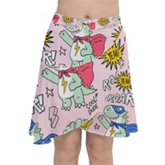 Seamless-pattern-with-many-funny-cute-superhero-dinosaurs-t-rex-mask-cloak-with-comics-style-inscrip Chiffon Wrap Front Skirt by Pakemis