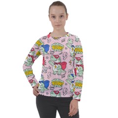 Seamless-pattern-with-many-funny-cute-superhero-dinosaurs-t-rex-mask-cloak-with-comics-style-inscrip Women s Long Sleeve Raglan Tee