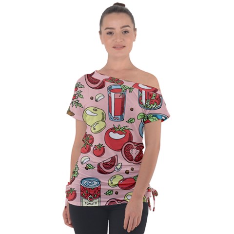 Tomato-seamless-pattern-juicy-tomatoes-food-sauce-ketchup-soup-paste-with-fresh-red-vegetables-backd Off Shoulder Tie-up Tee by Pakemis