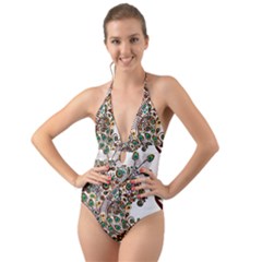 Peacock Graceful Bird Animal Halter Cut-out One Piece Swimsuit by artworkshop