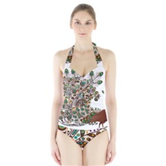 Peacock Graceful Bird Animal Halter Swimsuit by artworkshop