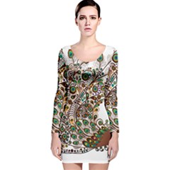 Peacock Graceful Bird Animal Long Sleeve Velvet Bodycon Dress