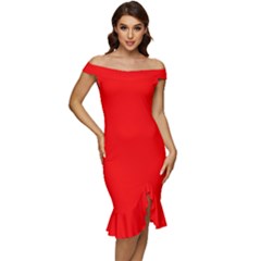 Color Red Off Shoulder Ruffle Split Hem Bodycon Dress