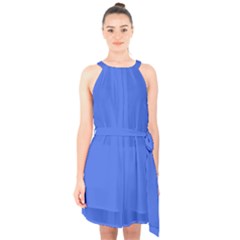 Color Royal Blue Halter Collar Waist Tie Chiffon Dress by Kultjers