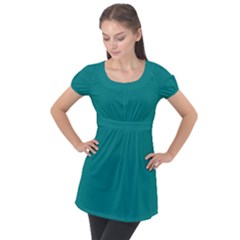 Color Teal Puff Sleeve Tunic Top by Kultjers