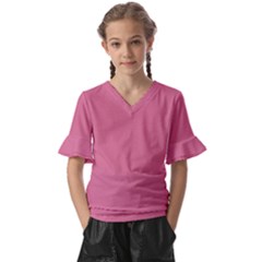 Color Pale Violet Red Kids  V-Neck Horn Sleeve Blouse