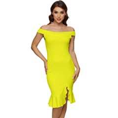 Color Yellow Off Shoulder Ruffle Split Hem Bodycon Dress