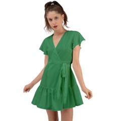 Color Sea Green Flutter Sleeve Wrap Dress by Kultjers