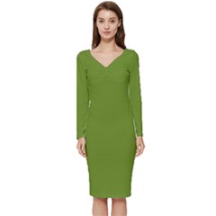 Color Olive Drab Long Sleeve V-neck Bodycon Dress  by Kultjers