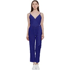 Color Midnight Blue V-neck Spaghetti Strap Tie Front Jumpsuit by Kultjers