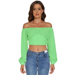 Color Pale Green Long Sleeve Crinkled Weave Crop Top