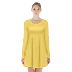 Color Mustard Long Sleeve Velvet V-neck Dress by Kultjers