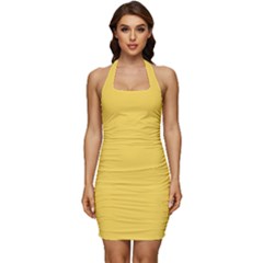 Color Mustard Sleeveless Wide Square Neckline Ruched Bodycon Dress