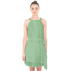 Color Dark Sea Green Halter Collar Waist Tie Chiffon Dress