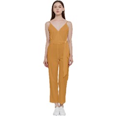 Color Butterscotch V-neck Spaghetti Strap Tie Front Jumpsuit by Kultjers