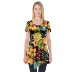 Fabulous Colorful Floral Seamless Short Sleeve Tunic  by Pakemis
