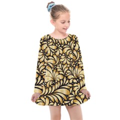 Damask-teardrop-gold-ornament-seamless-pattern Kids  Long Sleeve Dress by Pakemis