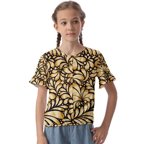 Damask-teardrop-gold-ornament-seamless-pattern Kids  Cuff Sleeve Scrunch Bottom Tee by Pakemis