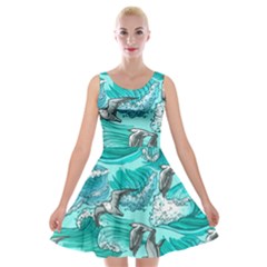 Sea-waves-seamless-pattern Velvet Skater Dress by Pakemis