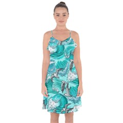 Sea-waves-seamless-pattern Ruffle Detail Chiffon Dress