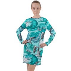 Sea-waves-seamless-pattern Long Sleeve Hoodie Dress by Pakemis