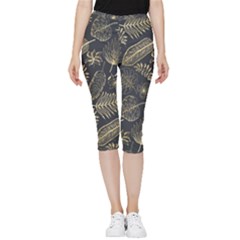 Elegant-pattern-with-golden-tropical-leaves Inside Out Lightweight Velour Capri Leggings  by Pakemis