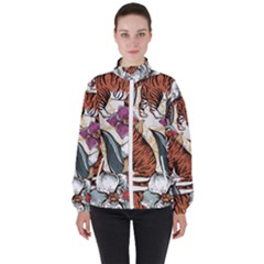 Natural-seamless-pattern-with-tiger-blooming-orchid Women s High Neck Windbreaker
