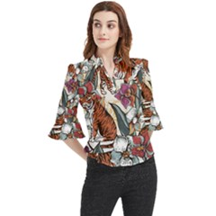 Natural-seamless-pattern-with-tiger-blooming-orchid Loose Horn Sleeve Chiffon Blouse