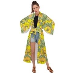 Seamless-pattern-with-graphic-spring-flowers Maxi Kimono by Pakemis