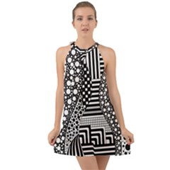 Black And White Halter Tie Back Chiffon Dress